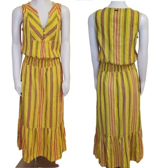 prAna California Dreaming Maxi Dress Organic Cotton Yellow Stripes Sz S colorful - Picture 1 of 9